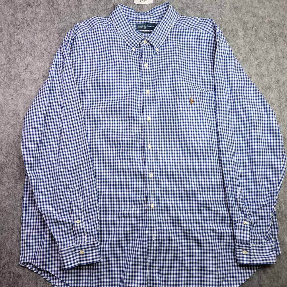 Ralph Lauren Shirt Men 3XB Flesh Pony Plaid Gingham White Blue Long Sleeve - Picture 3 of 7